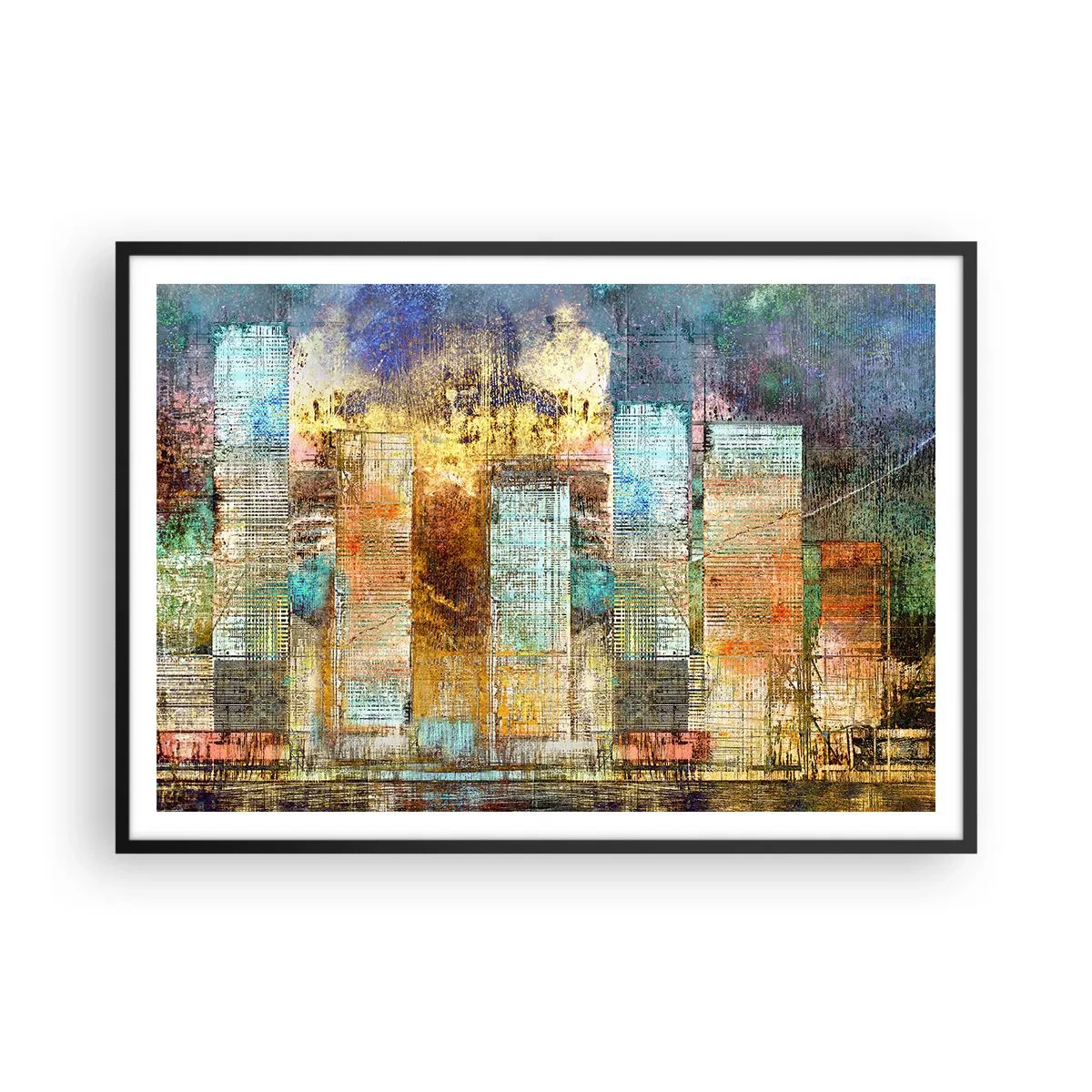 Plakat w czarnej ramie - Abstrakcyjne wieżowce w industrialnej stylistyce - 100x70cm - Słoneczna metropolia - Nowoczesna dekoracja ścienna do salonu i sypialni ARTTOR