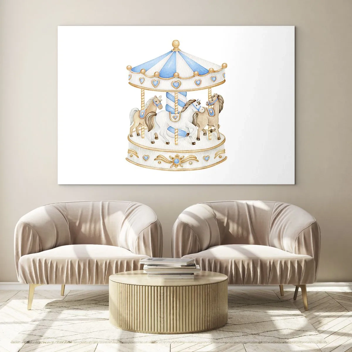 Obraz na szkle - Karuzela z konikami w pastelowych kolorach - 70x50cm - Słodkie dzieciństwo - Nowoczesna dekoracja ścienna do salonu i sypialni ARTTOR