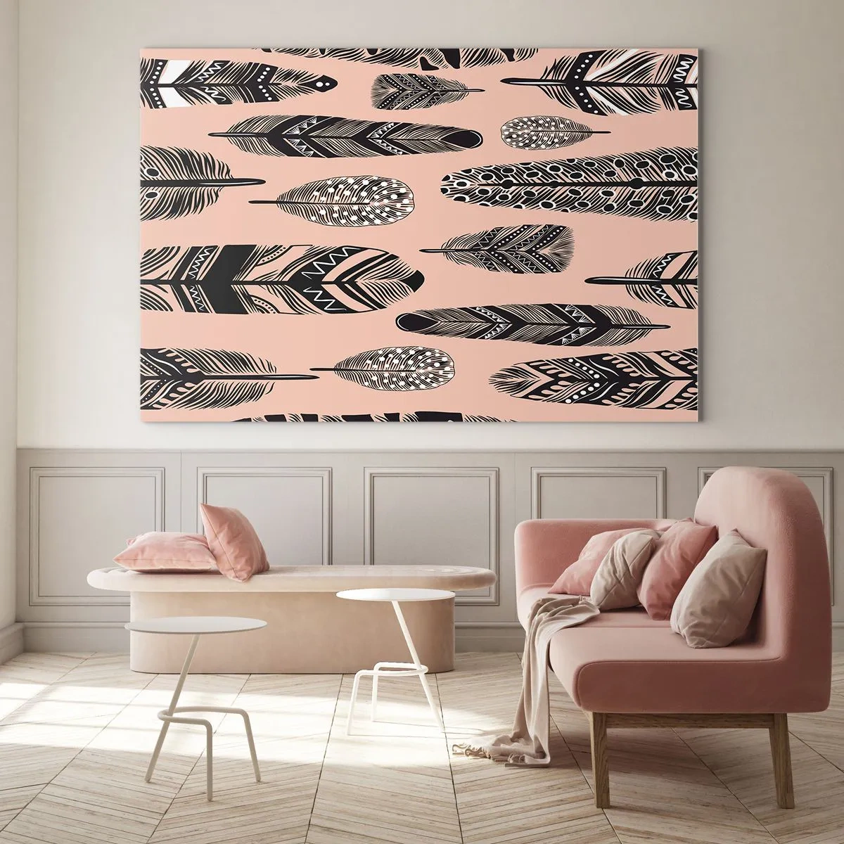 Obraz na szkle - Dekoracyjne pióra w czarno-białe wzory na różowym tle - 70x50cm - Indiańska kolekcja - Nowoczesna dekoracja ścienna do salonu i sypialni ARTTOR