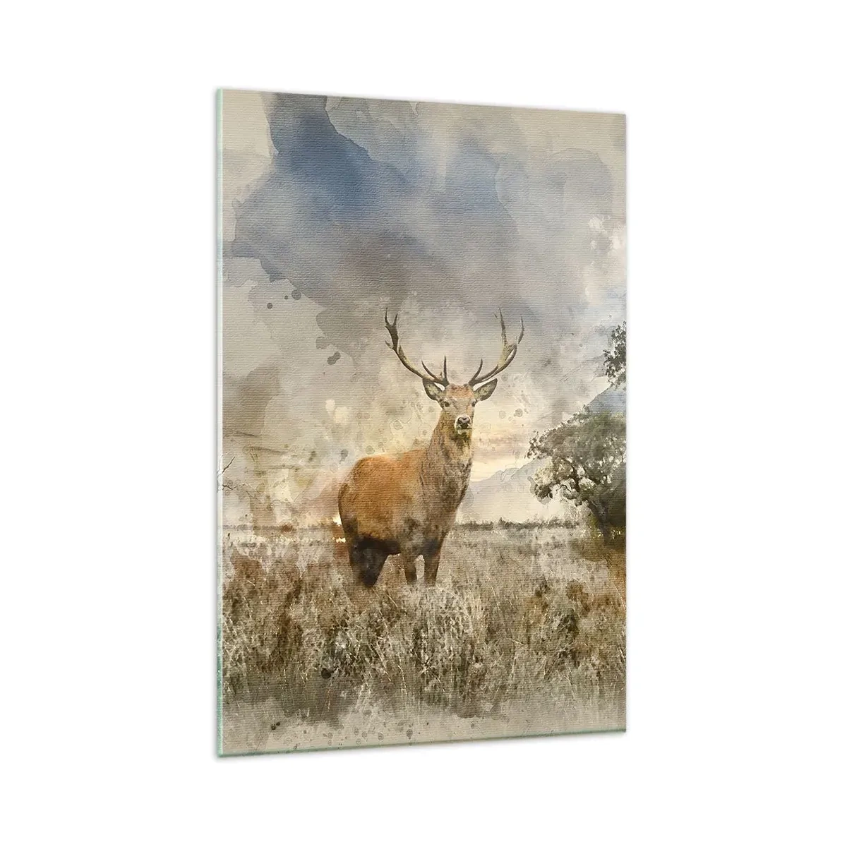Obraz na szkle - Jeleń w naturalnym otoczeniu w akwarelowym stylu - 80x120cm - Godność - siła - dostojeństwo - Nowoczesna dekoracja ścienna do salonu i sypialni ARTTOR