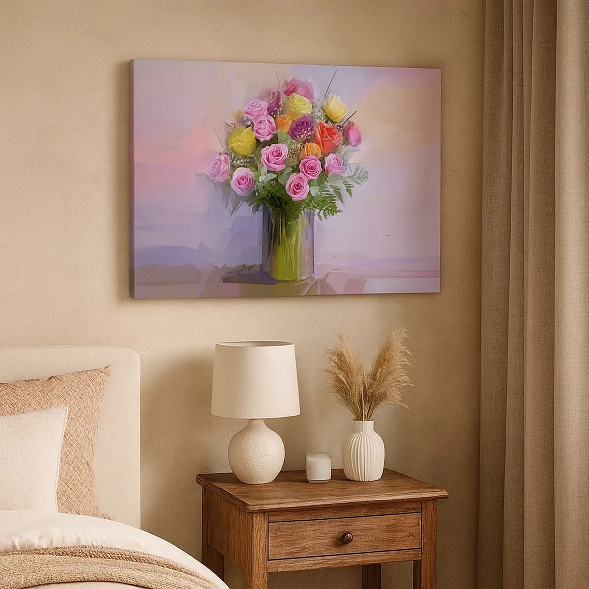 Obraz na płótnie - Bukiet kolorowych róż w szklanym wazonie - 70x50cm - Zatrzymane piękno - Nowoczesna dekoracja ścienna do salonu i sypialni ARTTOR