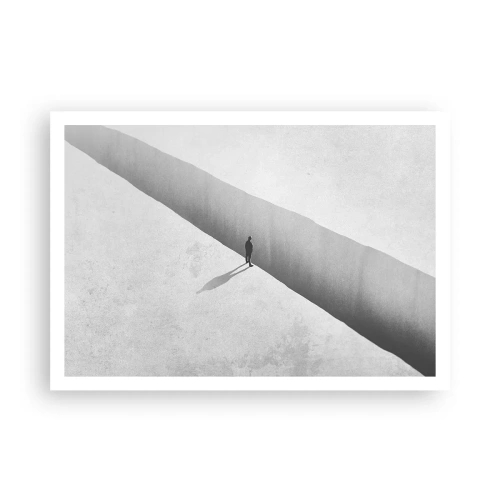 Plakat - Samotna postać nad głęboką przepaścią w monochromatycznej scenerii - 100x70cm - Jasny cel - Nowoczesna dekoracja ścienna do salonu i sypialni ARTTOR
