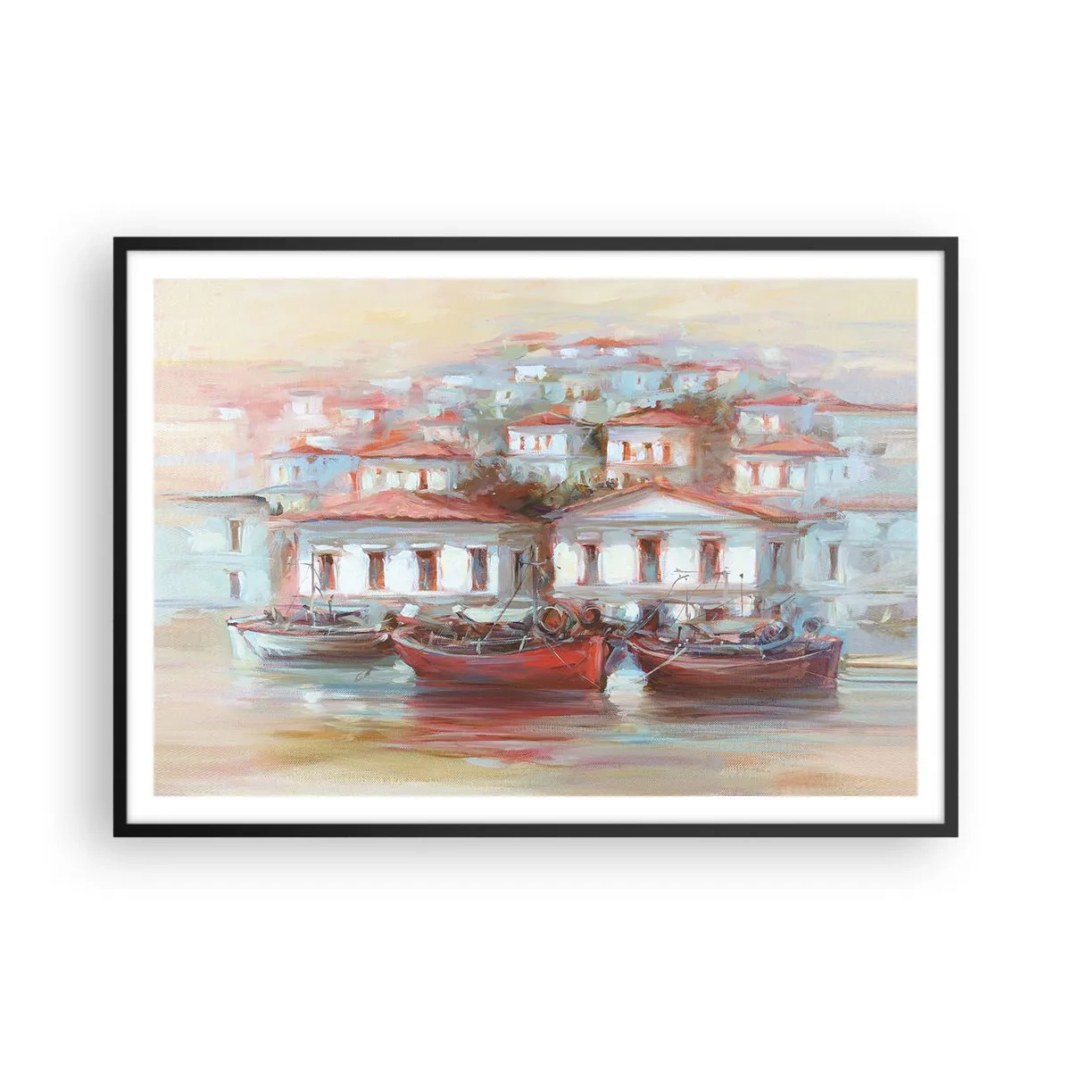 Plakat w czarnej ramie - Kolorowe łodzie i malownicze budynki nad wodą w pastelowych barwach - 100x70cm - Szczęśliwe miasteczko - Nowoczesna dekoracja ścienna do salonu i sypialni ARTTOR
