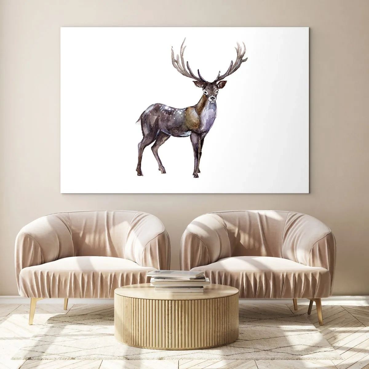 Obraz na szkle - Elegancki jeleń w stylu akwarelowym - 120x80cm - Król północnej puszczy - Nowoczesna dekoracja ścienna do salonu, kuchni i sypialni ARTTOR