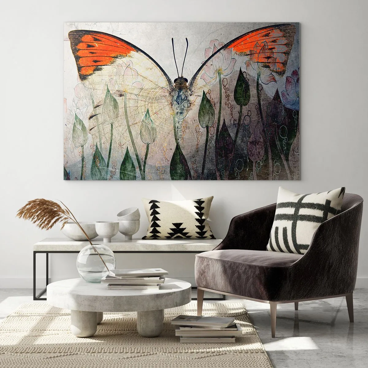 Obraz na szkle - Artystyczny motyl w otoczeniu delikatnych kwiatów na szarym tle - 70x50cm - "Kędy się motyl kołysa na trawie" - Nowoczesna dekoracja ścienna do salonu i sypialni ARTTOR