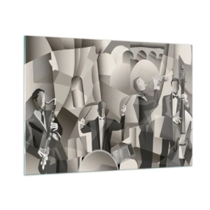 Obraz na szkle - Stylizowana scena zespołu jazzowego w monochromatycznej tonacji - 100x70cm - W przestrzeni dźwięków - Nowoczesna dekoracja ścienna do salonu, kuchni i sypialni ARTTOR