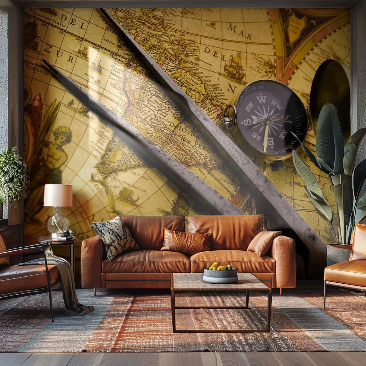Fototapeta Premium Sand - Zabytkowa mapa świata z kompasem i cyrklem na złotym tle - 100x70cm - Gdze te skarby? - Nowoczesna dekoracja ścienna do salonu, kuchni i sypialni ARTTOR