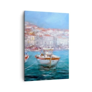 Obraz na płótnie - Malarska scena z łodzią na spokojnej wodzie w nadmorskim miasteczku - 50x70cm - Włoska zatoka - Nowoczesna dekoracja ścienna do salonu, kuchni i sypialni ARTTOR