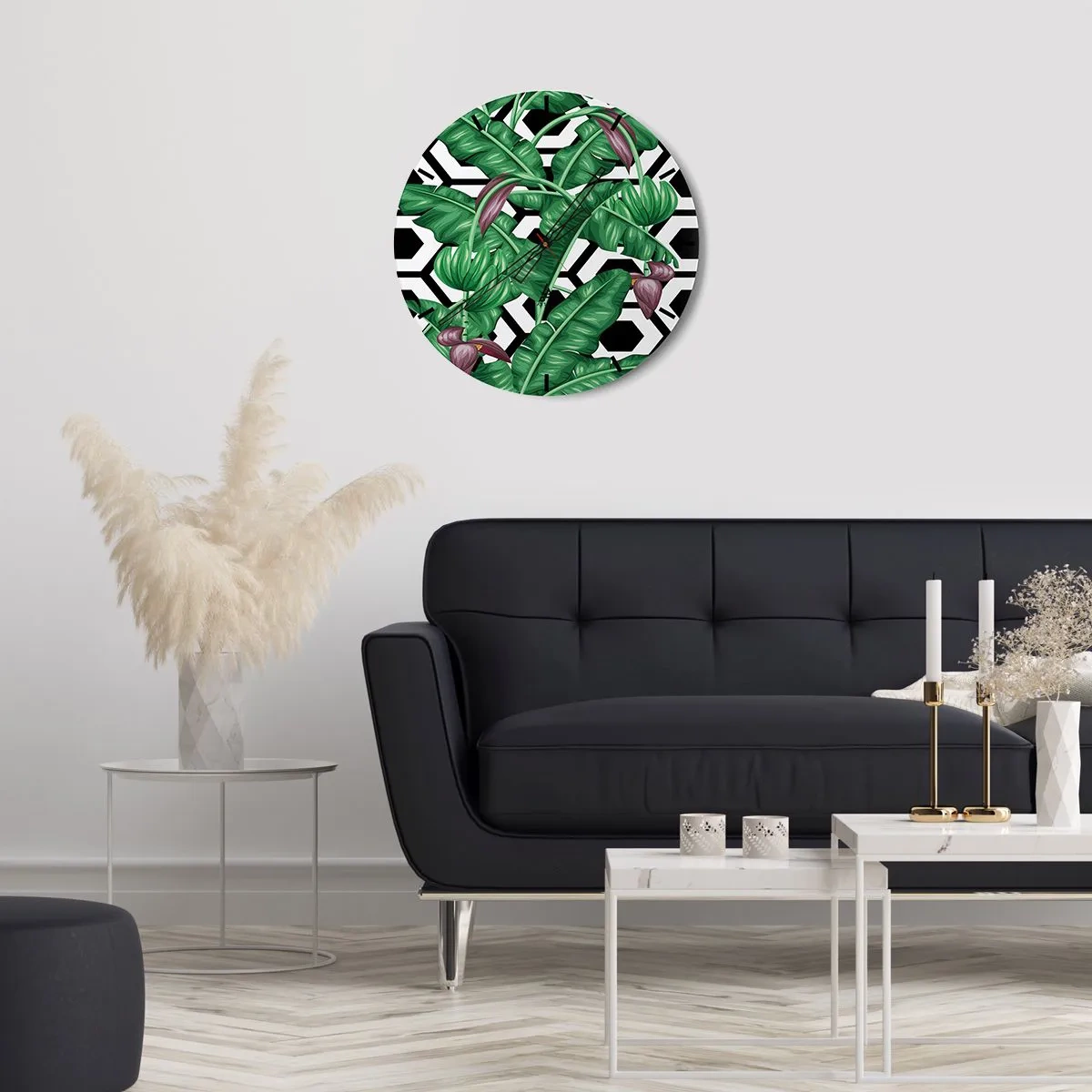 Zegar ścienny - Tropikalne liście bananowca na geometrycznym tle - 30x30cm - Kompozycja symetryczna z natury - Nowoczesna dekoracja ścienna do salonu, kuchni i sypialni ARTTOR