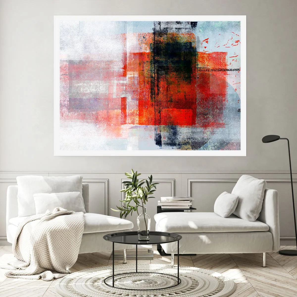 Plakat - Abstrakcyjna kompozycja geometryczna z czerwonymi i pomarańczowymi akcentami - 100x70cm - Kompozycja rozżarzona - Nowoczesna dekoracja ścienna do salonu i sypialni ARTTOR