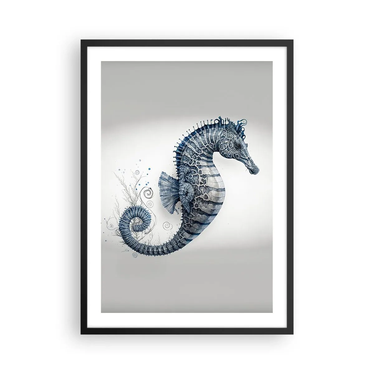 Plakat w czarnej ramie - Detaliczna ilustracja konika morskiego na jasnym tle - 50x70cm - Subtelny żart natury - Nowoczesna dekoracja ścienna do salonu i sypialni ARTTOR