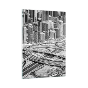 Obraz na szkle - Czarno-biała panorama miasta z węzłem autostradowym - 50x70cm - Dubaj – miasto niemożliwe - Nowoczesna dekoracja ścienna do salonu, kuchni i sypialni ARTTOR