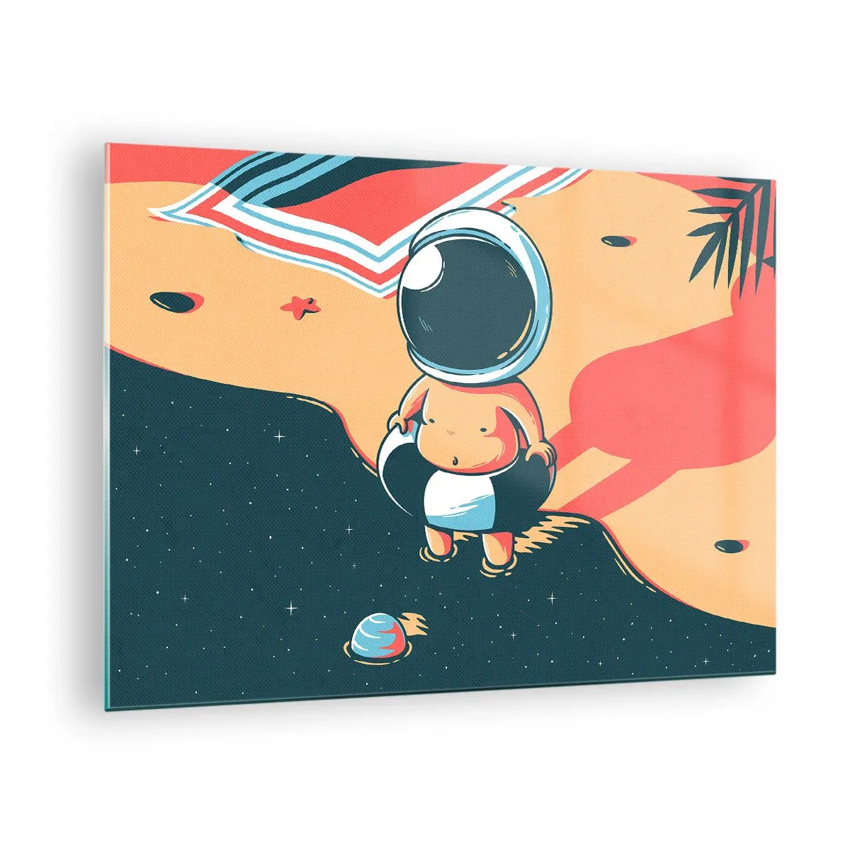 Obraz na szkle - Postać astronauty na plaży z kosmicznym krajobrazem - 70x50cm - Z innej perspektywy - Nowoczesna dekoracja ścienna do salonu i sypialni ARTTOR