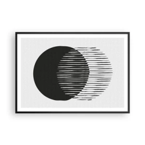 Plakat w czarnej ramie - Dwa nakładające się koła z liniami w czerni i bieli - 100x70cm - Jego alter ego - Nowoczesna dekoracja ścienna do salonu i sypialni ARTTOR