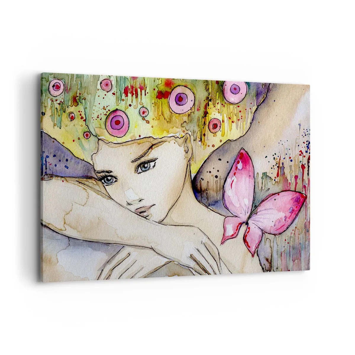 Obraz na płótnie - Kobieta z abstrakcyjną fryzurą i różowym motylem - 100x70cm - Motyla księżniczka - Nowoczesna dekoracja ścienna do salonu, kuchni i sypialni ARTTOR