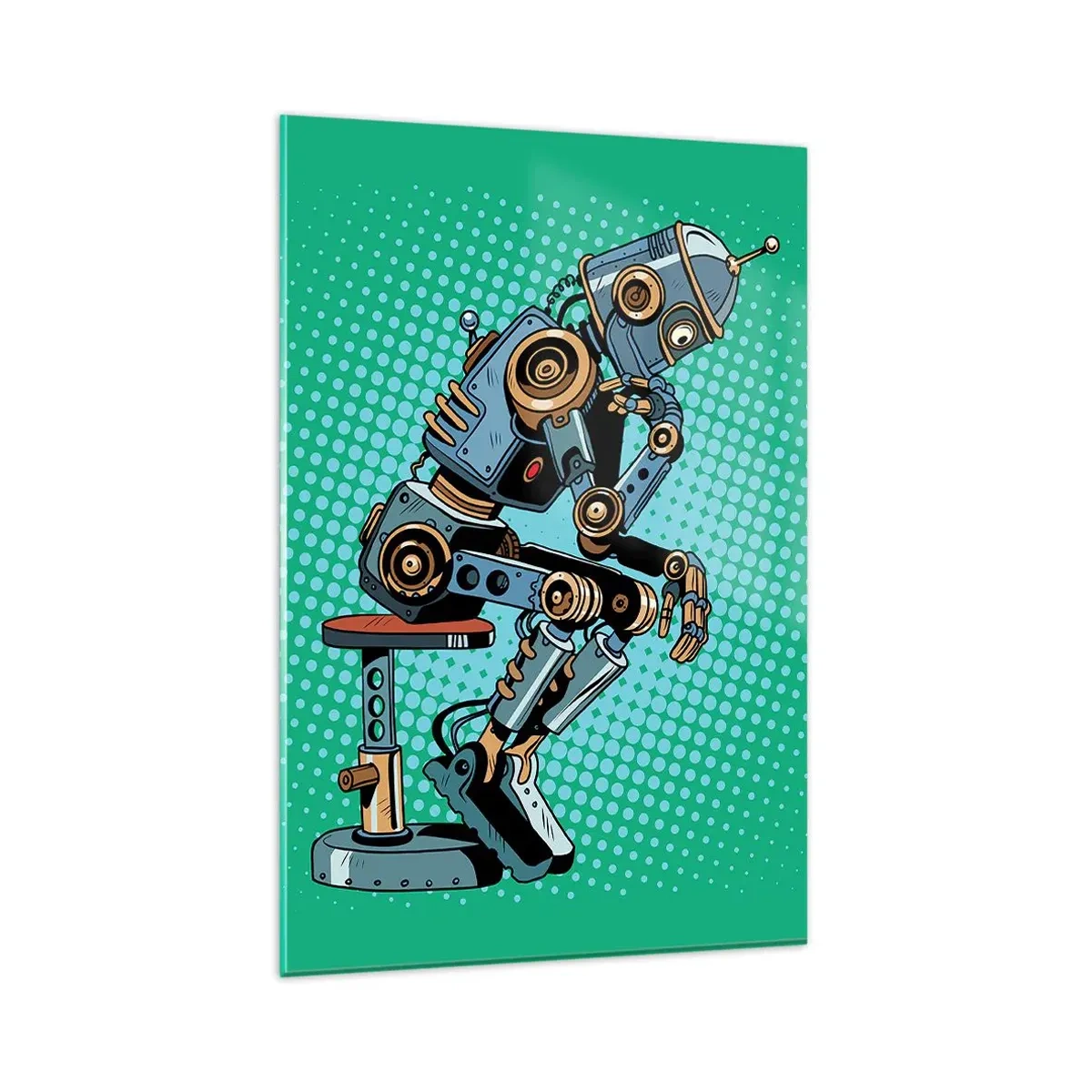 Obraz na szkle - Robot myśliciel w stylu pop-art na zielonym tle - 80x120cm - Nad istotą bytu - Nowoczesna dekoracja ścienna do salonu i sypialni ARTTOR