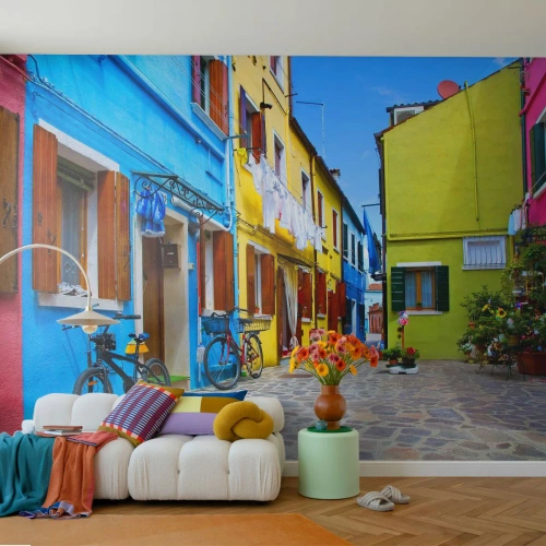 Fototapeta Premium Canvas - Pastelowy, słodki zaułek - Miasto, Rowery, Uliczka - 500x350 cm