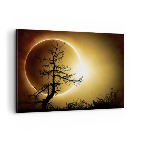 Obraz na płótnie - Zaćmienie słońca z sylwetką drzewa na pierwszym planie - 100x70cm - Całkowite zaćmienie - Nowoczesna dekoracja ścienna do salonu, kuchni i sypialni ARTTOR