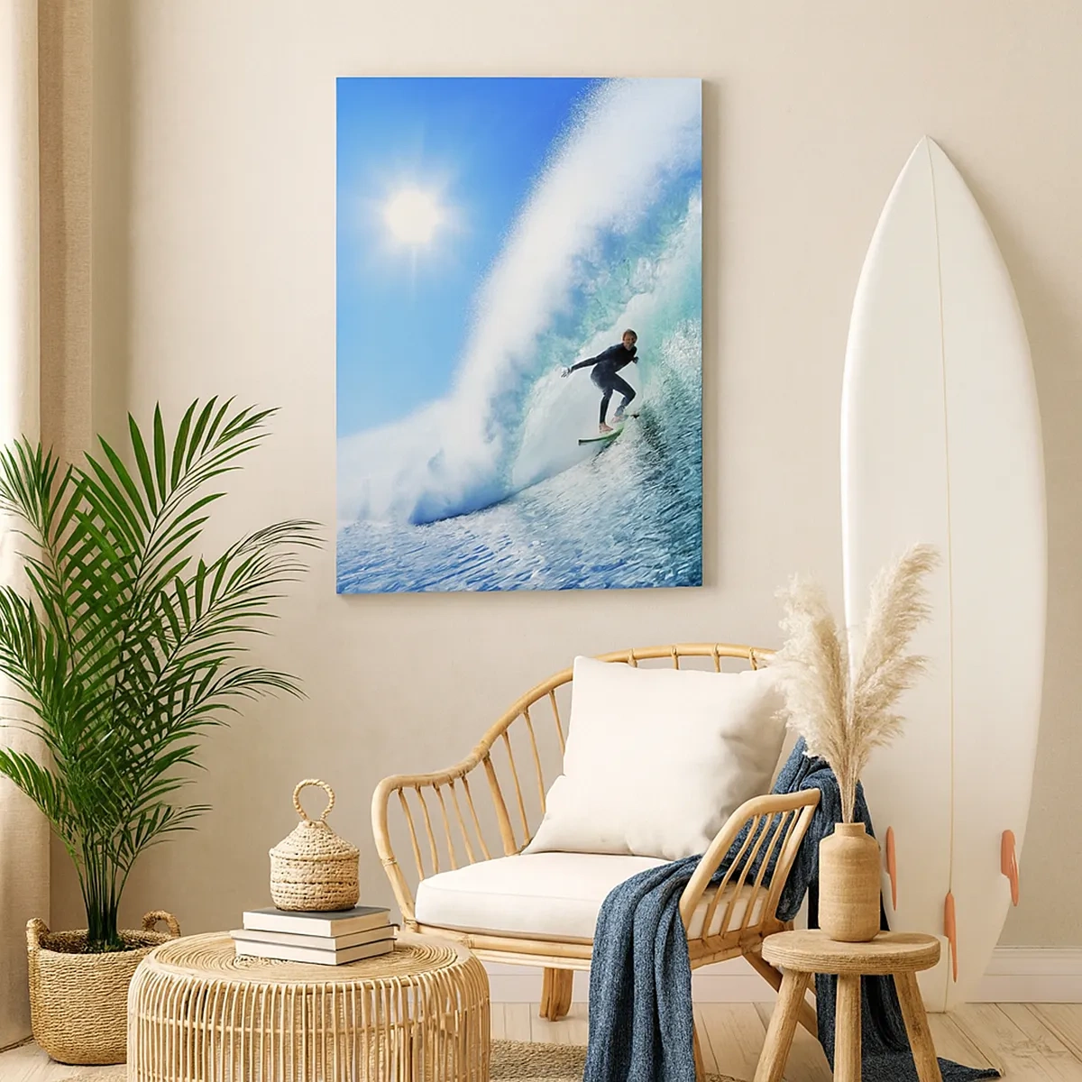 Obraz na płótnie - Surfer na fali w pełnym słońcu - 50x70cm - Przez wielki błękit - Nowoczesna dekoracja ścienna do salonu, kuchni i sypialni ARTTOR