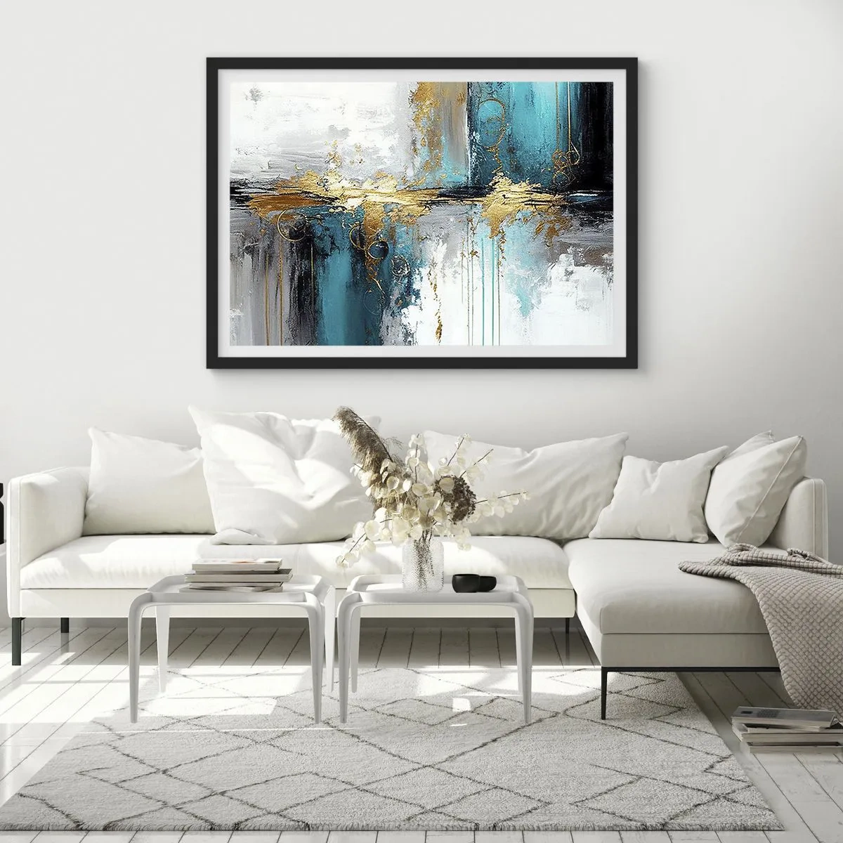 Plakat w czarnej ramie - Abstrakcyjna kompozycja z turkusem i złotymi akcentami - 100x70cm - Wszystko płynie - Nowoczesna dekoracja ścienna do salonu i sypialni ARTTOR