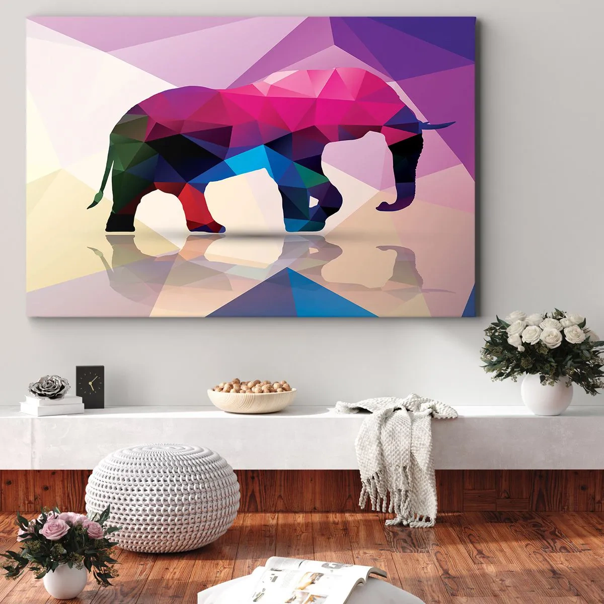 Obraz na płótnie - Geometryczna sylwetka słonia w żywych kolorach - 70x50cm - Kryształowy dinozaur - Nowoczesna dekoracja ścienna do salonu i sypialni ARTTOR