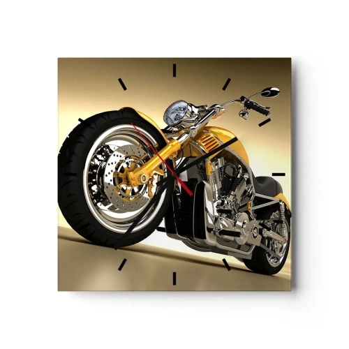 Zegar ścienny - Żółty motocykl w stylu chopper na tle beżowej ściany - 30x30cm - Marzenie o sile i prędkości - Nowoczesna dekoracja ścienna do salonu i sypialni ARTTOR