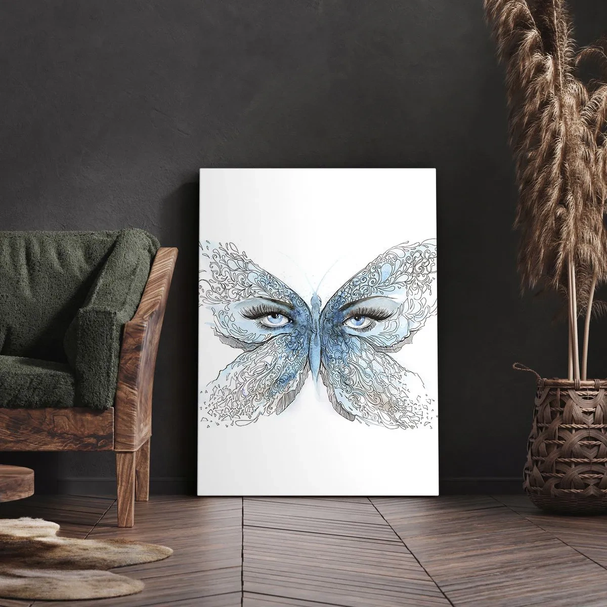 Obraz na płótnie - Artystyczny rysunek motyla z oczami w centrum kompozycji - 50x70cm - Modraszek eros - Nowoczesna dekoracja ścienna do salonu, kuchni i sypialni ARTTOR