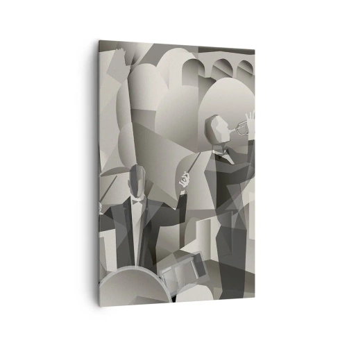 Obraz na płótnie - Abstrakcyjna scena z muzykami jazzowymi w szarościach - 80x120cm - W przestrzeni dźwięków - Nowoczesna dekoracja ścienna do salonu i sypialni ARTTOR