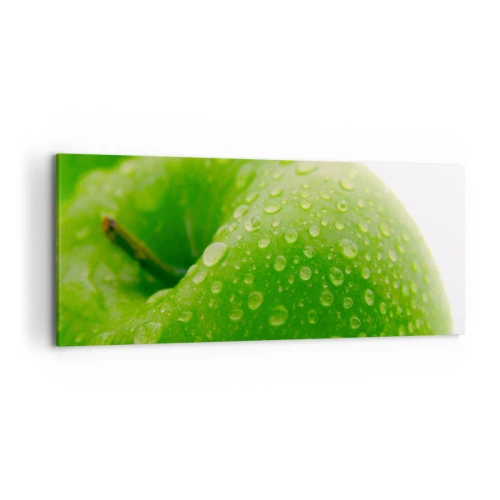 Obraz na płótnie - Zielone jabłko z kroplami wody w zbliżeniu - 120x50cm - Zielona chłodna świeżość - Nowoczesna dekoracja ścienna do salonu i sypialni ARTTOR