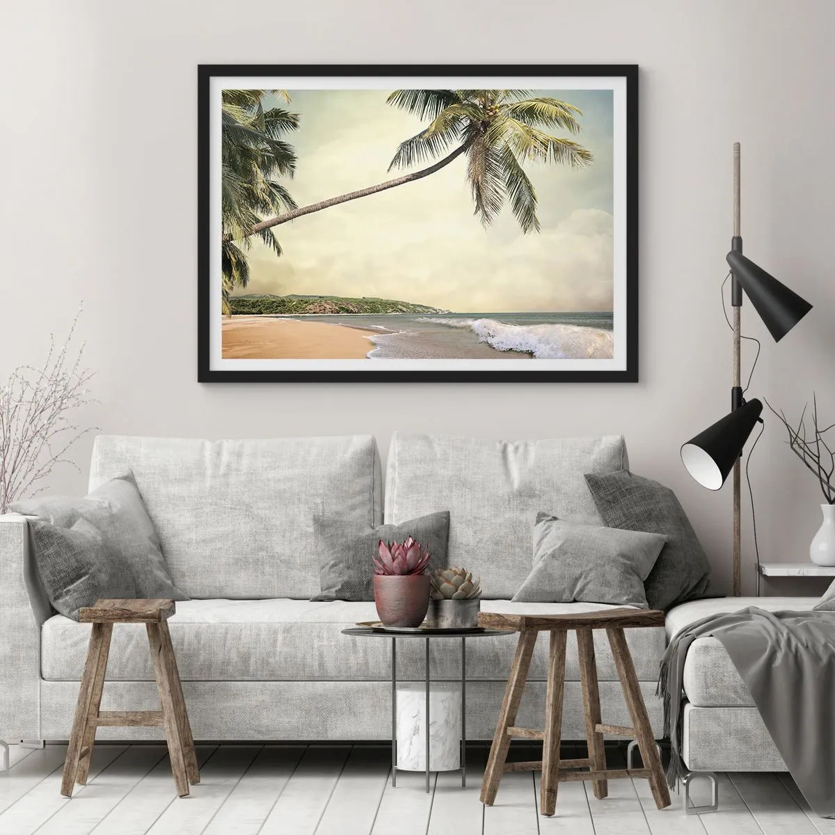 Plakat w czarnej ramie - Plaża z palmami na tle spokojnego morza - 100x70cm - Tropikalne marzenie - Nowoczesna dekoracja ścienna do salonu i sypialni ARTTOR