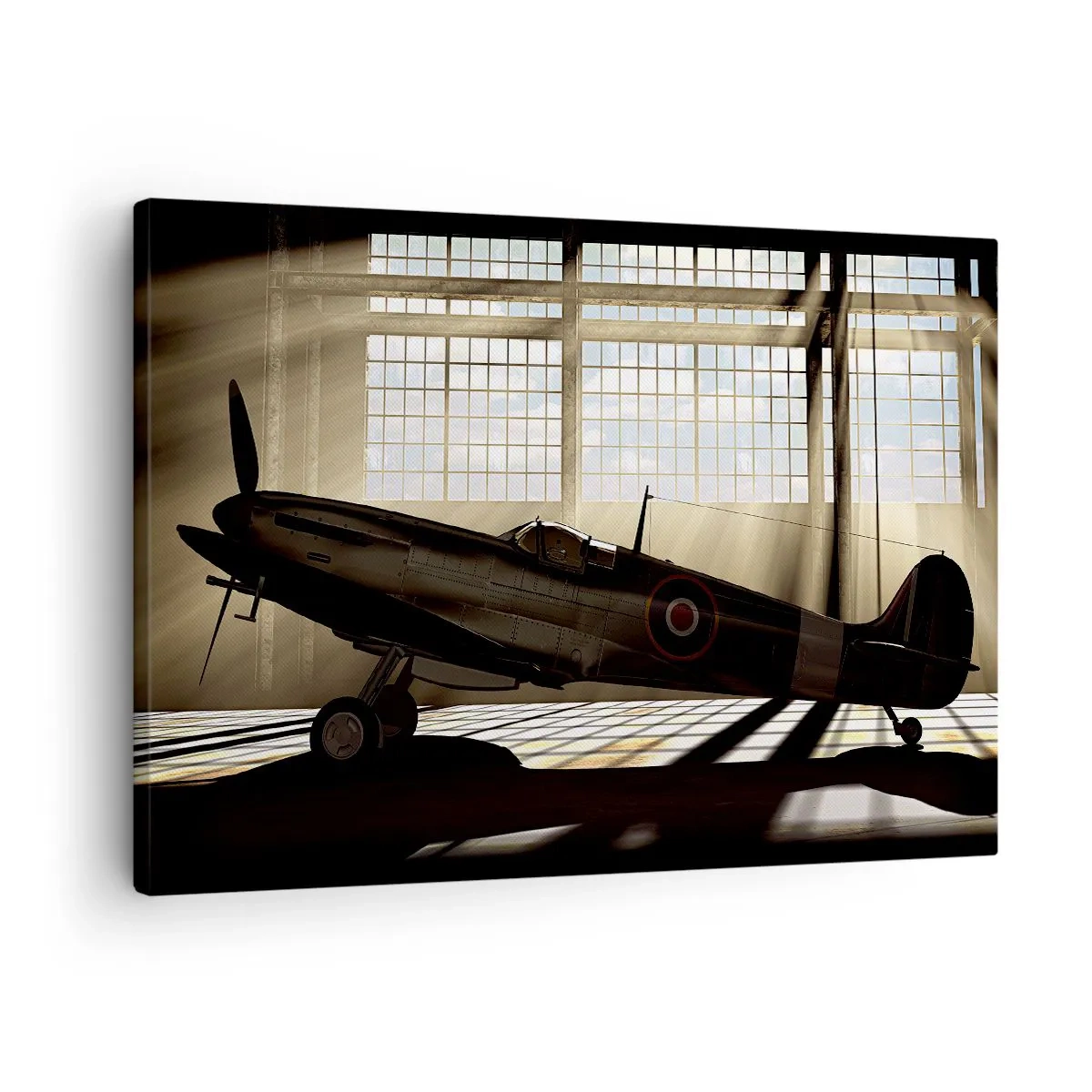 Obraz na płótnie - Historyczny samolot w hangarze oświetlonym promieniami słońca - 70x50cm - Odpoczynek wojownika - Nowoczesna dekoracja ścienna do salonu i sypialni ARTTOR