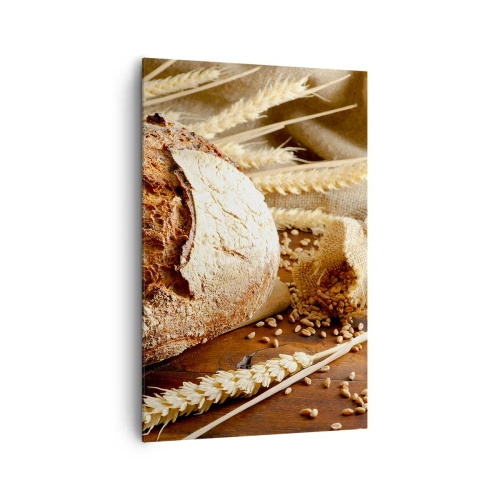 Obraz na płótnie - Chrupiący chleb z ziarnami i kłosami pszenicy na drewnianym tle - 80x120cm - Apetyczny, wonny, chrupiący - Nowoczesna dekoracja ścienna do salonu i sypialni ARTTOR