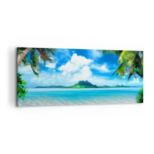 Obraz na płótnie - Tropikalna plaża z palmami i widokiem na wyspę - 120x50cm - Lazur tropików - Nowoczesna dekoracja ścienna do salonu i sypialni ARTTOR
