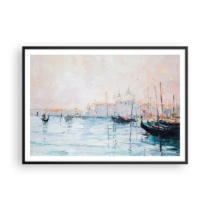 Plakat w czarnej ramie - Malowniczy widok na kanały z łodziami w pastelowych kolorach - 100x70cm - Za wodą, za mgłą - Nowoczesna dekoracja ścienna do salonu i sypialni ARTTOR