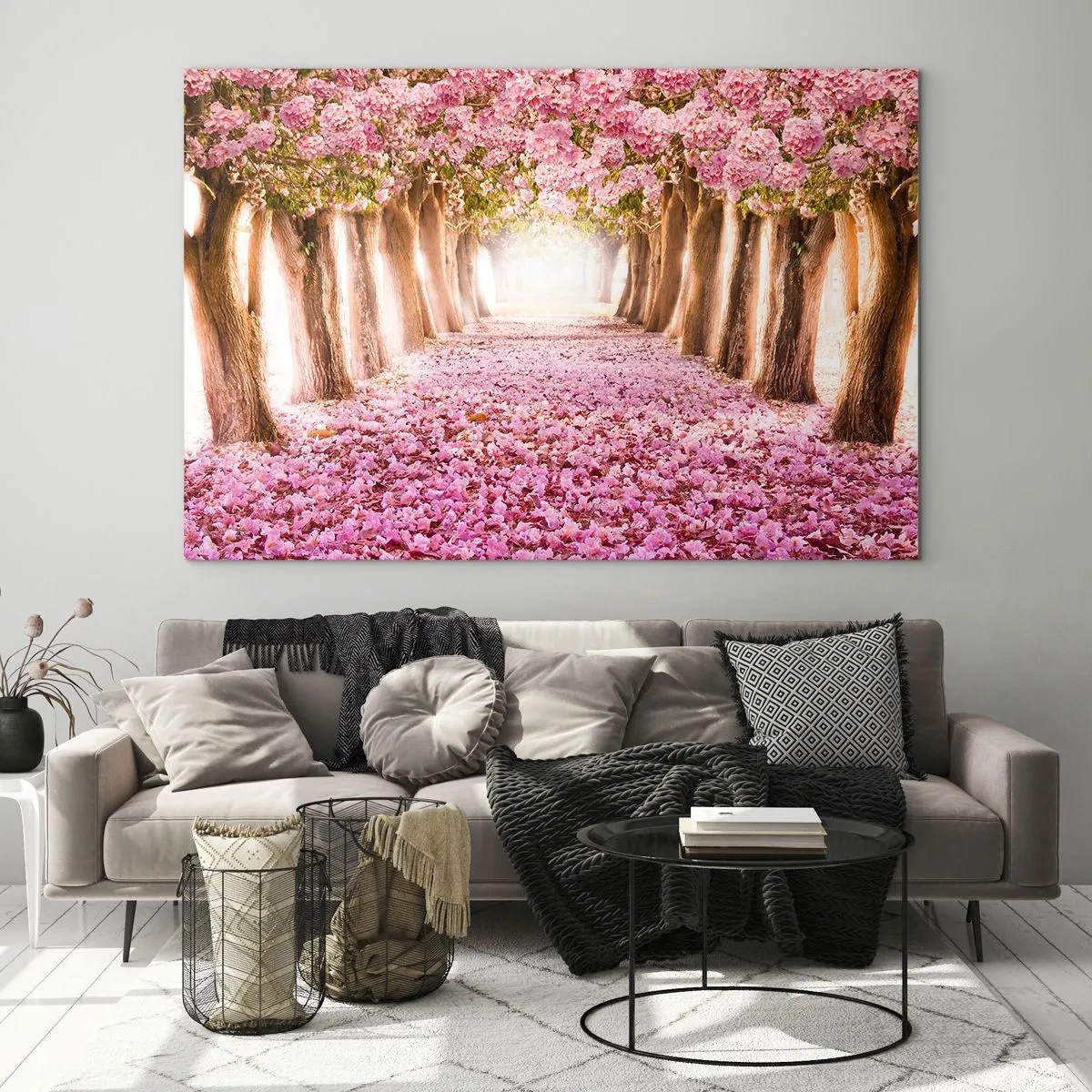 Obraz na szkle - Aleja kwitnących drzew z różowymi płatkami na ziemi - 70x50cm - Droga do raju - Nowoczesna dekoracja ścienna do salonu i sypialni ARTTOR