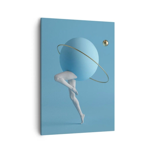 Obraz na płótnie - Surrealistyczna postać z niebieską planetą zamiast głowy na monochromatycznym tle - 50x70cm - A planety szaleją - Nowoczesna dekoracja ścienna do salonu, kuchni i sypialni ARTTOR