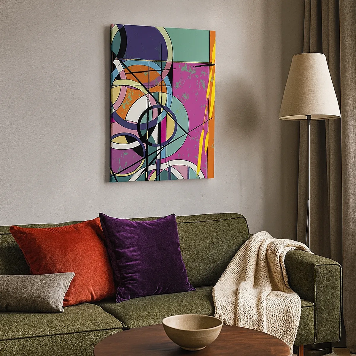 Obraz na płótnie - Kolorowa abstrakcja z geometrycznymi wzorami - 50x70cm - Koło za kołem - Nowoczesna dekoracja ścienna do salonu, kuchni i sypialni ARTTOR