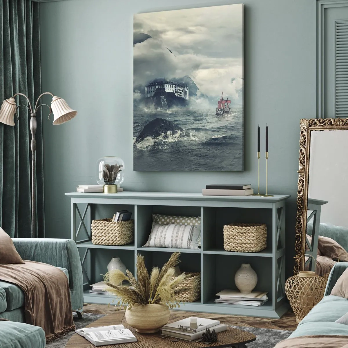 Obraz na płótnie - Tajemniczy krajobraz z zamkiem, górami i statkiem - 70x100cm - Na magicznych wodach - Nowoczesna dekoracja ścienna do salonu i sypialni ARTTOR