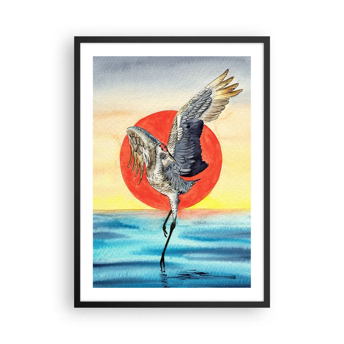 Plakat w czarnej ramie - Żuraw unoszący się nad wodą na tle czerwonego słońca - 50x70cm - Czas wracać - Nowoczesna dekoracja ścienna do salonu i sypialni ARTTOR