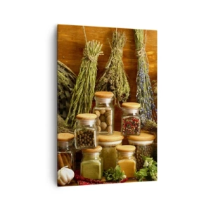 Obraz na płótnie - Zioła i przyprawy w słoikach na rustykalnym tle - 70x100cm - Kuchenne czary - Nowoczesna dekoracja ścienna do salonu i sypialni ARTTOR