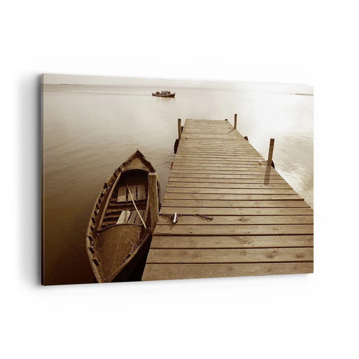 Obraz na płótnie - Drewniane molo i łódź w spokojnym jeziorze - 120x80cm - Wielki spokój - Nowoczesna dekoracja ścienna do salonu, kuchni i sypialni ARTTOR