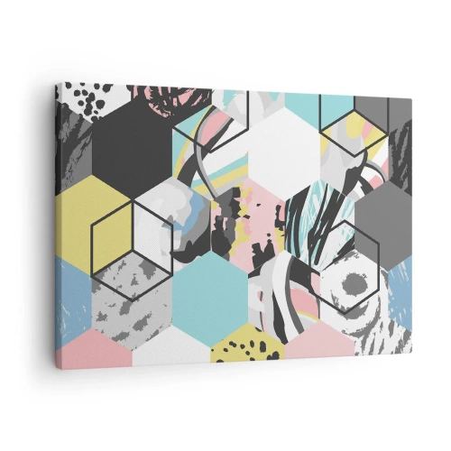 Obraz na płótnie - Geometryczny wzór heksagonów z kolorowymi abstrakcyjnymi detalami - 70x50cm - Sześciokąty i sześciany w sześciu barwach - Nowoczesna dekoracja ścienna do salonu i sypialni ARTTOR