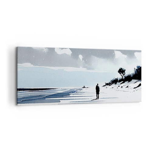 Obraz na płótnie - Samotna postać spacerująca po pustej plaży - 120x50cm - Sam na sam - Nowoczesna dekoracja ścienna do salonu i sypialni ARTTOR