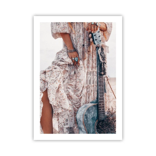 Plakat - Fragment sukienki z ornamentami i gitara w stylu boho - 50x70cm - Dzieci kwiaty w drodze - Nowoczesna dekoracja ścienna do salonu, kuchni i sypialni ARTTOR