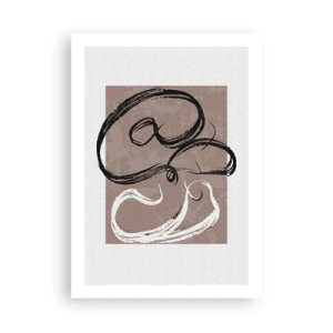 Plakat - Abstrakcyjna kompozycja z dynamicznymi pociągnięciami pędzla w czerni i bieli na tle brązowym - 50x70cm - Kompozycja – poszukiwanie pełni - Nowoczesna dekoracja ścienna do salonu, kuchni i sypialni ARTTOR