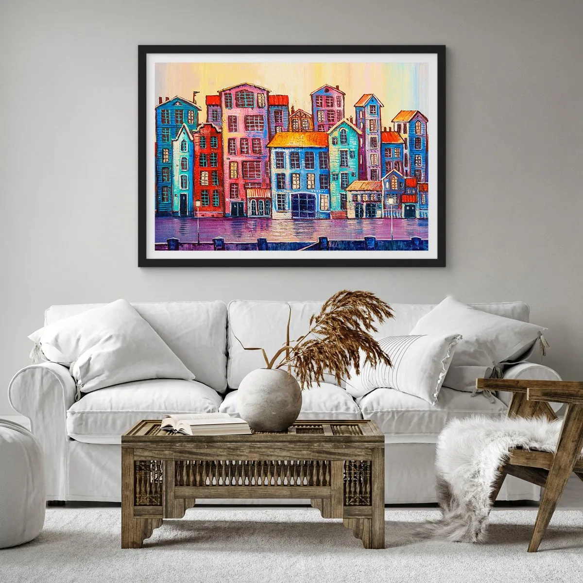 Plakat w czarnej ramie - Kolorowe kamienice nad wodą w artystycznym stylu - 70x50cm - Miasto jak z bajki - Nowoczesna dekoracja ścienna do salonu i sypialni ARTTOR
