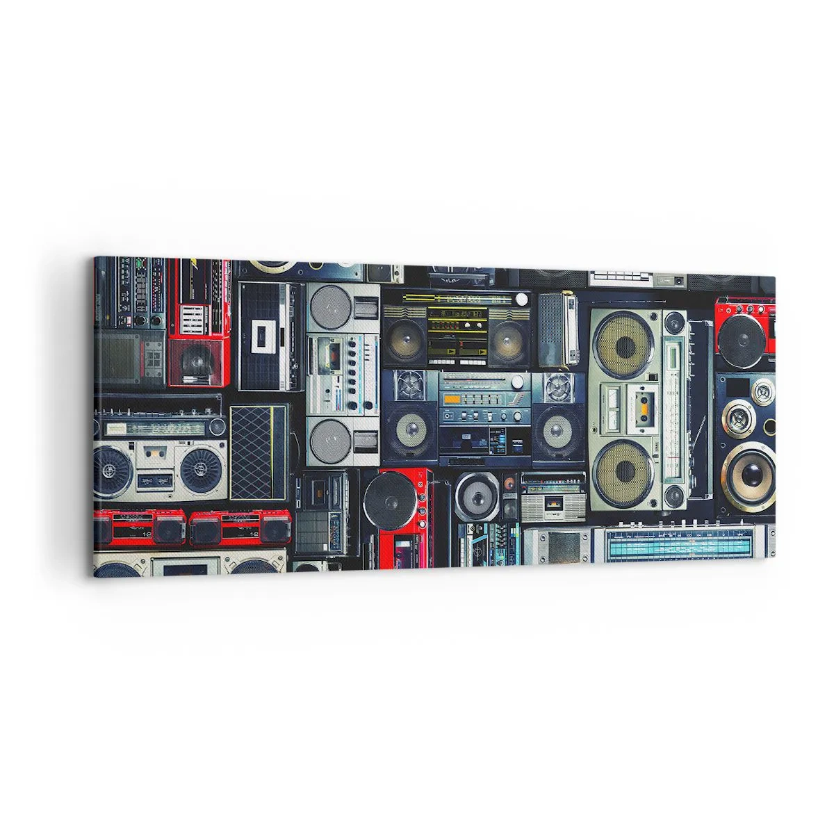 Obraz na płótnie - Kolaż retro magnetofonów i głośników w stylu vintage - 120x50cm - Tęsknota za latami 80. - Nowoczesna dekoracja ścienna do salonu i sypialni ARTTOR