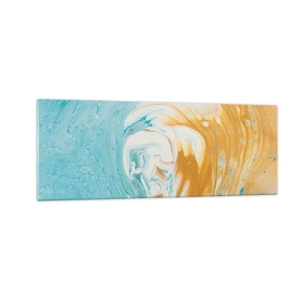 Obraz na szkle - Abstrakcyjne fale w odcieniach niebieskiego i złotego na płótnie - 140x50cm - Pastelowy wir - Nowoczesna dekoracja ścienna do salonu i sypialni ARTTOR