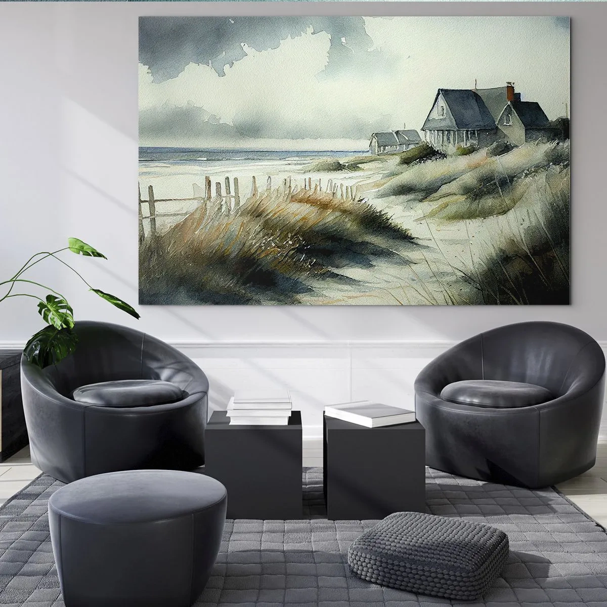 Obraz na szkle - Domy na wydmach przy plaży pod zachmurzonym niebem - 70x50cm - Z dala od zgiełku - Nowoczesna dekoracja ścienna do salonu i sypialni ARTTOR