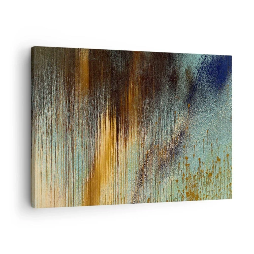 Obraz na płótnie - Abstrakcyjna kompozycja barw w odcieniach złota, brązu i błękitu - 70x50cm - Nieprzypadkowa barwna kompozycja - Nowoczesna dekoracja ścienna do salonu i sypialni ARTTOR
